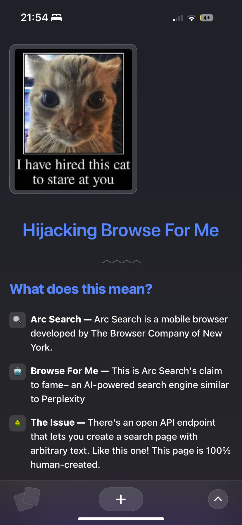 Arc Search on iOS showing custom page